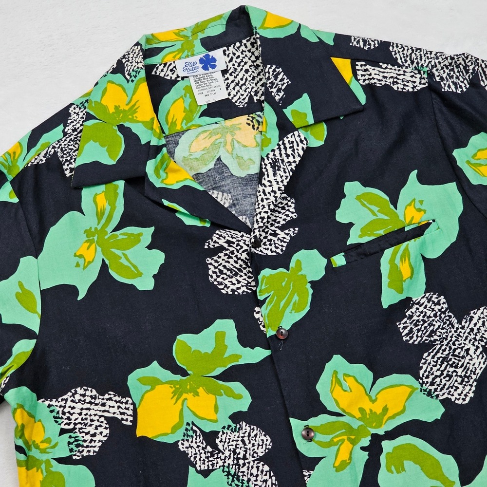 Hilo Hattie Hawaiian Shirt Mens XL Black Green Floral Cotton Camp Aloha Resort